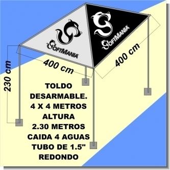 Lee el articulo completo TOLDO DESARMABLE ROTULADO DE 4 METROS X 4 METROS X 3.5 METROS DE 4 AGUAS